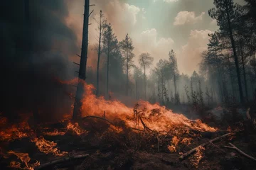 Fotobehang Forest fires: a threat to our environment. Generative AI © Tamara