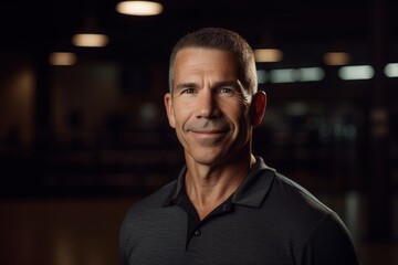 Portrait of a handsome middle-aged man smiling at the camera in the gym