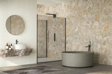 Modern bathroom featuring a natural stone countertop with an integrated sink, a round mirror, a shower cabin, a round bathtub, and a sleek concrete floor. The natural light, back yard. 3d rendering