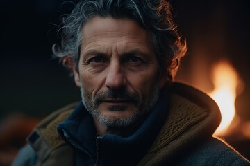 Obraz premium Portrait of a senior man in front of a fireplace at home.