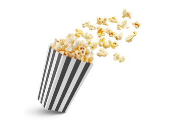 Popcorn flying out of black white striped paper box isolated on white, transparent background, PNG,...