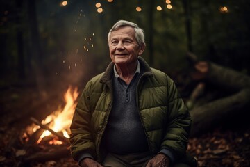 Portrait of an elderly man sitting by the fire in the forest