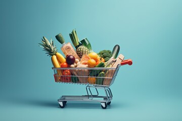 Grocery cart full of shopping on a light background, generative ai