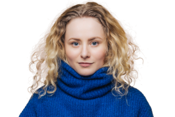 Indoor shot of good looking of serious blue eyed female wears blue warm sweater, looks confidently at camera, isolated over yellow background. Studio shot of beautiful curly woman models in studio