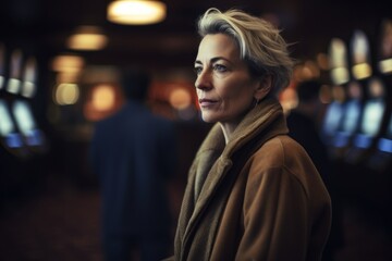 Portrait of a beautiful middle-aged woman in a coat in a casino