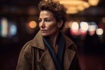 Portrait of a middle-aged woman in a coat in the city at night