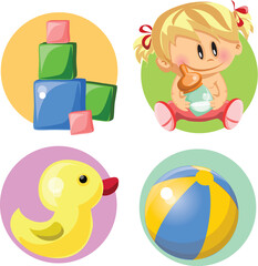 Vector set with a baby boy, baby care accessories, toys. Isolated vector illustration. Perfect for prints, calendar, sticker, invitation, baby shower, children clothes, poster.