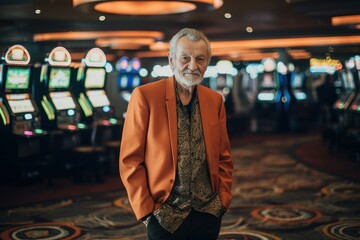 Portrait of a senior man in an orange suit standing in casino