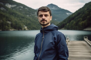 Handsome young man with a beard and mustache in a blue raincoat on the background of a mountain lake.