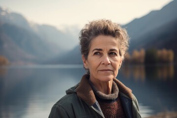 Fototapeta premium Mature woman in autumnal alpine landscape looking at camera.