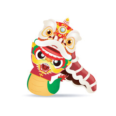 cute Little dragon with lion dance, Happy Chinese new year 2024 greeting card, the year of the dragon zodiac, gong xi fa cai, calendar, Cartoon isolated white background vector illustration