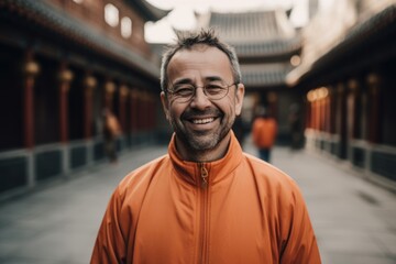 Fototapeta premium Portrait of a smiling man in a orange raincoat and glasses.