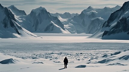 Man overlooking snow covered glacier in Antarctica. Generative AI