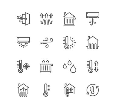 Set of house heating related icons, heat supply, heating boiler, water heater, gas and electric heating and linear variety vectors.