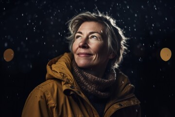 Portrait of happy senior woman standing under rain and looking at camera