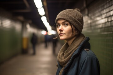 Portrait of a young woman in winter clothes in the subway.