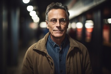 Fototapeta premium Portrait of senior man standing in subway train station, looking at camera.