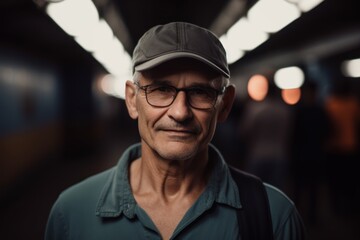 Medium shot portrait photography of a satisfied man in his 50s wearing a sporty polo shirt against a subway or underground background. Generative AI