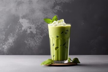 Iced Green matcha tea mixed with ice cube and milk in latte glass on white. Space for text. Close up. Generative AI