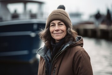 Obraz premium Portrait of smiling mature woman in winter coat and hat on pier