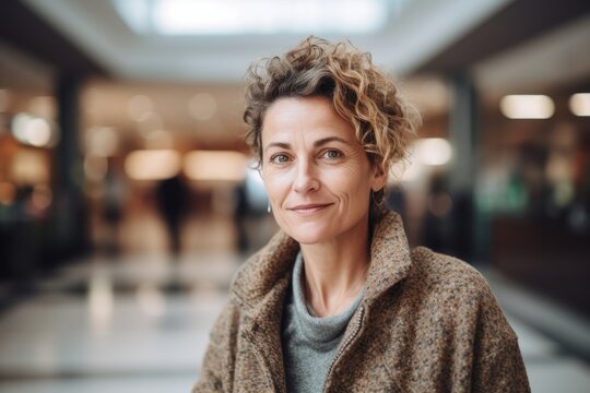 Group portrait photography of a satisfied woman in her 40s wearing a cozy sweater against a shopping mall or retail background. Generative AI