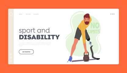 Sport and Disability Landing Page Template. Male Character With Prosthetic Leg Working Out With Weights, Illustration