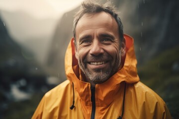 Obraz premium Close-up portrait photography of a pleased man in his 40s wearing a vibrant raincoat against a mountain valley or canyon background. Generative AI