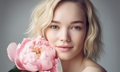 Obraz na płótnie Canvas Beauty portrait of blonde hair smiling young woman with pink peony in hand isolated on white background generative AI