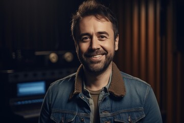 Portrait of a handsome young man in a jeans jacket. Men's beauty, fashion.