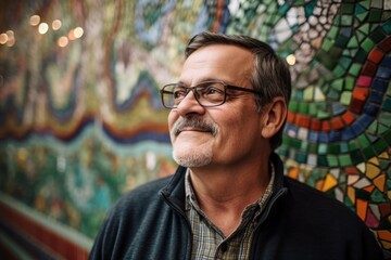 Obraz na płótnie Canvas Portrait of a senior man with eyeglasses against colorful mosaic wall