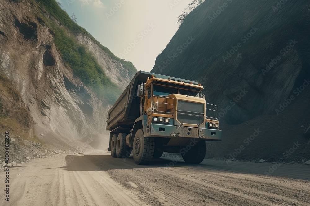 Wall mural large quarry dump truck. transport industry. a mining truck is driving along a mountain road. quarry