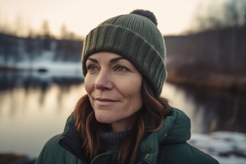 Portrait of a beautiful woman in a warm hat and green jacket
