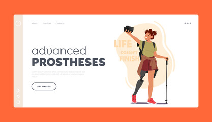 Advanced Prostheses Landing Page Template. Woman Hiker With Leg Prosthesis. Inspiring Character Defying Limitations