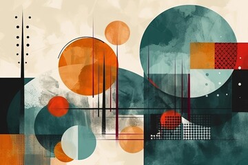 Minimal geometric background. Mid-Century Modern Art with Watercolor Shapes. Trendy artistic abstract background. Generative AI