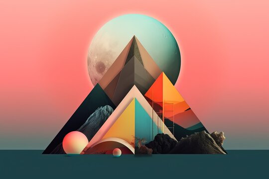 Minimal surreal collage, chromolithography print. Triangle base, circle under centre aligned, gradients, neon and pastel colours mix. Generative AI