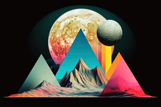 Minimal surreal collage, chromolithography print. Triangle base, circle under centre aligned, gradients, neon and pastel colours mix. Generative AI