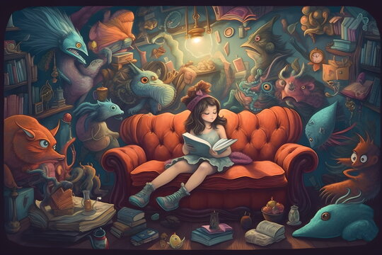 Image of girl sitting on couch with book in her hand. Generative AI.