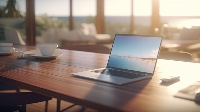 Mock up laptop computer on wooden desk, transparent window with ocean view in the morning. Generative AI