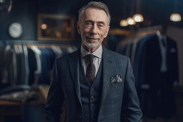 Lifestyle portrait photography of a pleased man in his 50s wearing a sleek suit against a sewing studio or tailor background. Generative AI