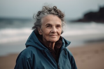 Fototapeta na wymiar Portrait of happy senior woman standing on the beach, looking at camera