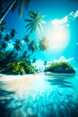 Image of tropical island with palm trees and sun in the sky. Generative AI.