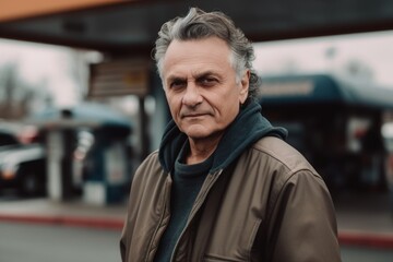 portrait of senior man with grey hair looking away at gas station