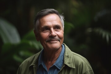 Portrait of happy senior man smiling at camera in the rainforest