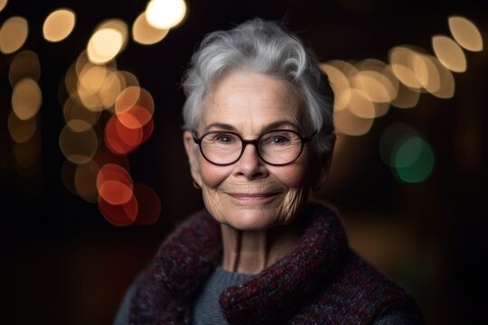 Lifestyle portrait photography of a pleased woman in her 70s wearing a cozy sweater against festive lights background. Generative AI