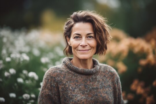 Lifestyle portrait photography of a grinning woman in her 40s wearing a cozy sweater against a floral meadow background. Generative AI