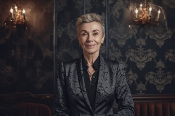 Portrait of a beautiful mature woman with gray hair in a black suit.