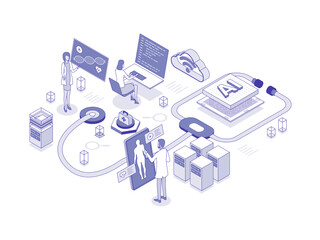 Doctors and researchers using innovative technologies for medicine and healthcare: artificial intelligence in healthcare lineal isometric illustration