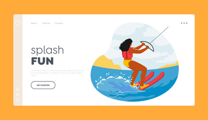 Splash Fun Landing Page Template. Kite Surfer Female Character Glides Over Waves, Propelled By Wind