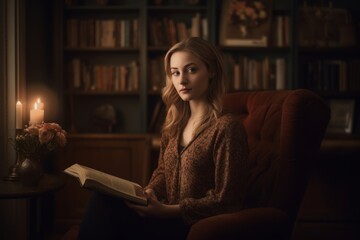 Beautiful young woman reading a book in a cozy dark room.