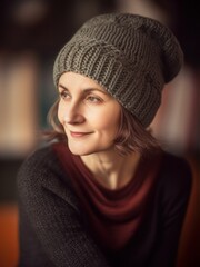 Portrait of a beautiful young woman in a knitted hat and scarf